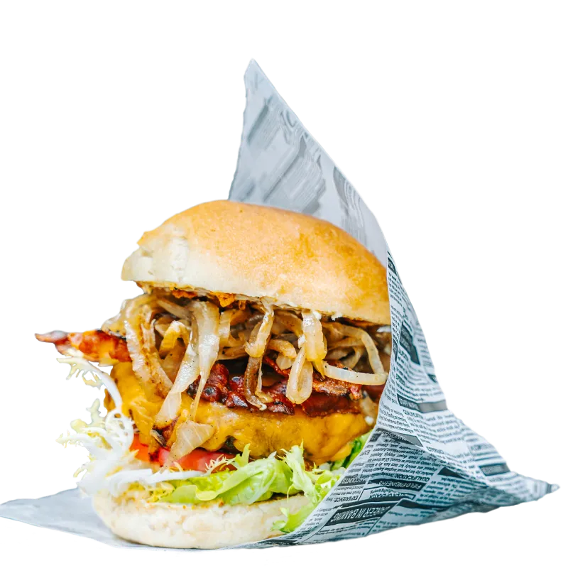 Foodliner Dry Aged Beef Burger mit Wagyu-Patty, karamellisierten Zwiebeln, frischem Salat und handgemachtem Brötchen – exklusiver Genuss für Burger-Liebhaber.