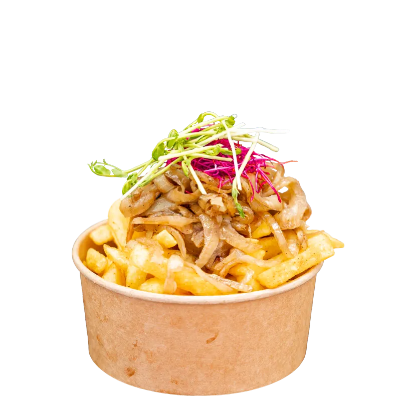 Foodliner Loaded Fries mit karamellisierten Zwiebeln und frischen Sprossen – Pommes mit köstlichen Toppings.